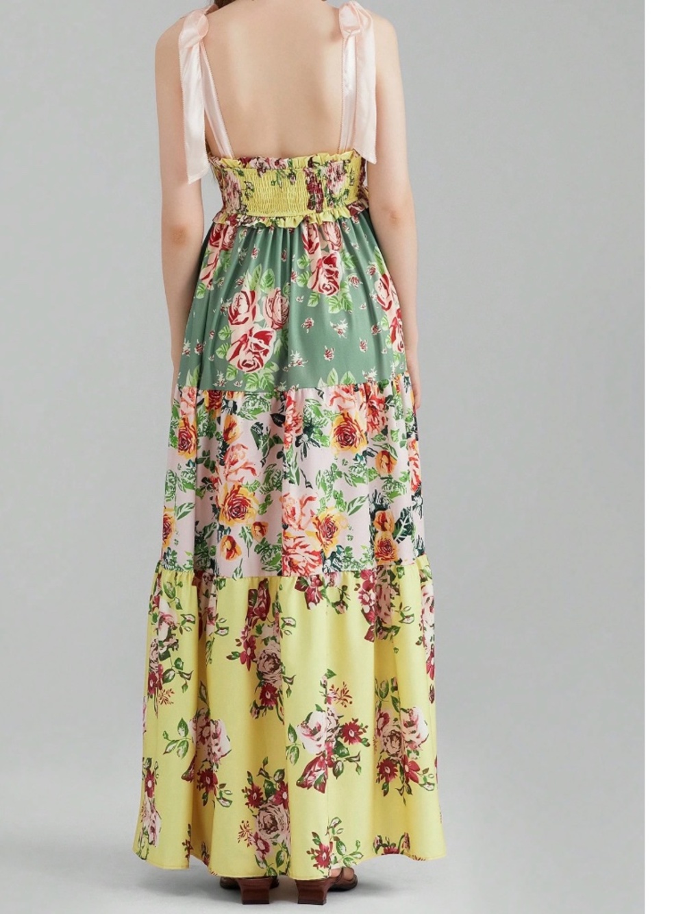 Boho Multicolor Floral Print Shirred Shoulder Tie Ruffle Hem Dress - Picture 2 of 4